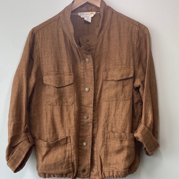 C&C California Jackets & Blazers - C&C California 100% Linen Golden Brown Snap Front Utility Jacket Shacket